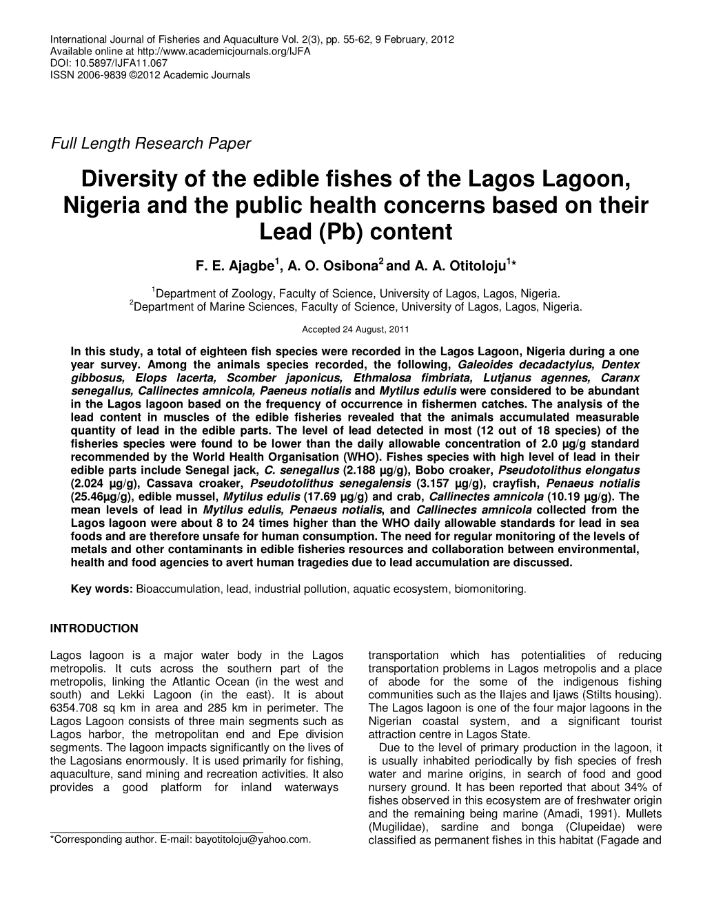 Diversity of the Edible Fishes of the Lagos Lagoon, Nigeria and the Public Health Concerns Based on Their Lead (Pb) Content