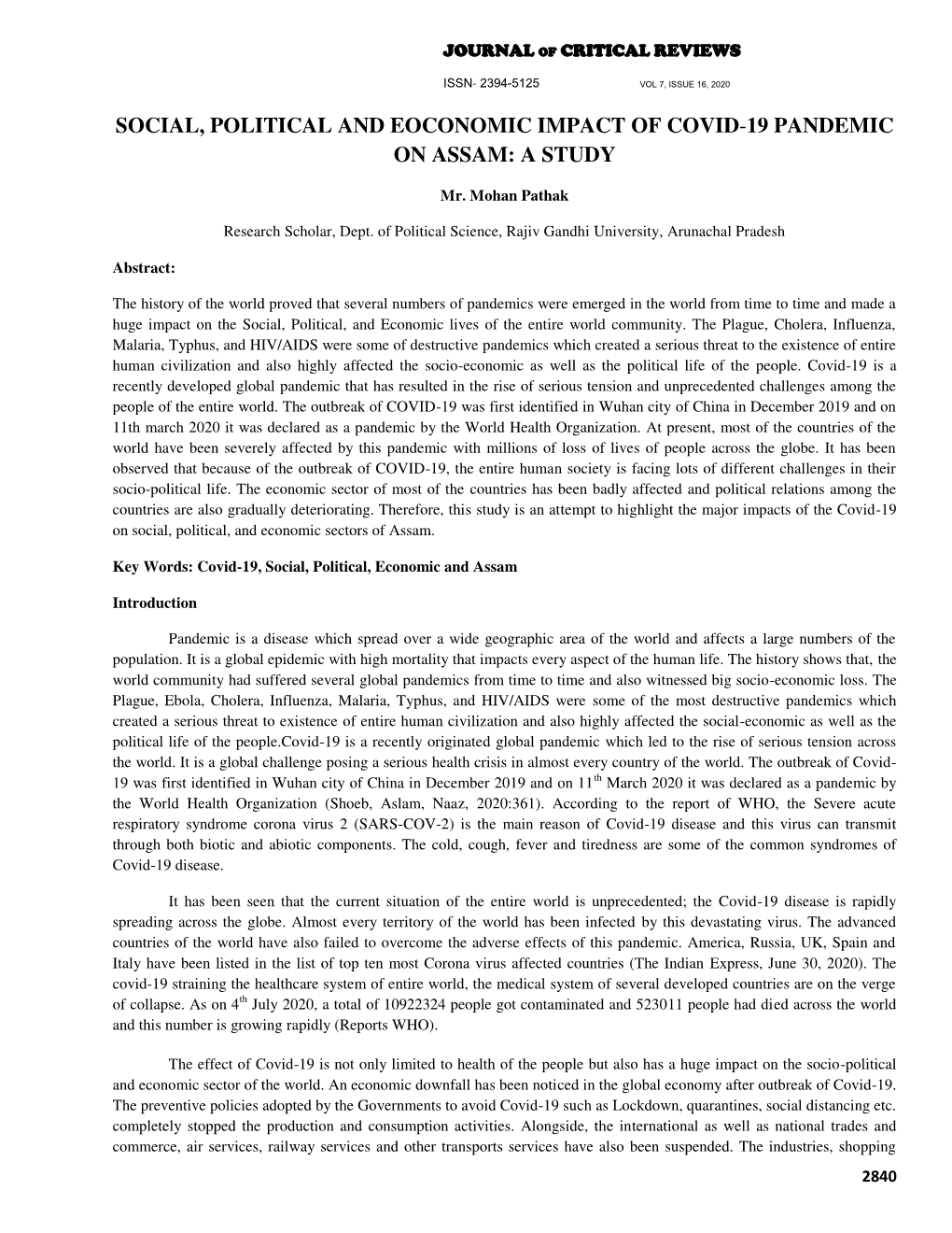 Social, Political and Eoconomic Impact of Covid-19 Pandemic on Assam: a Study