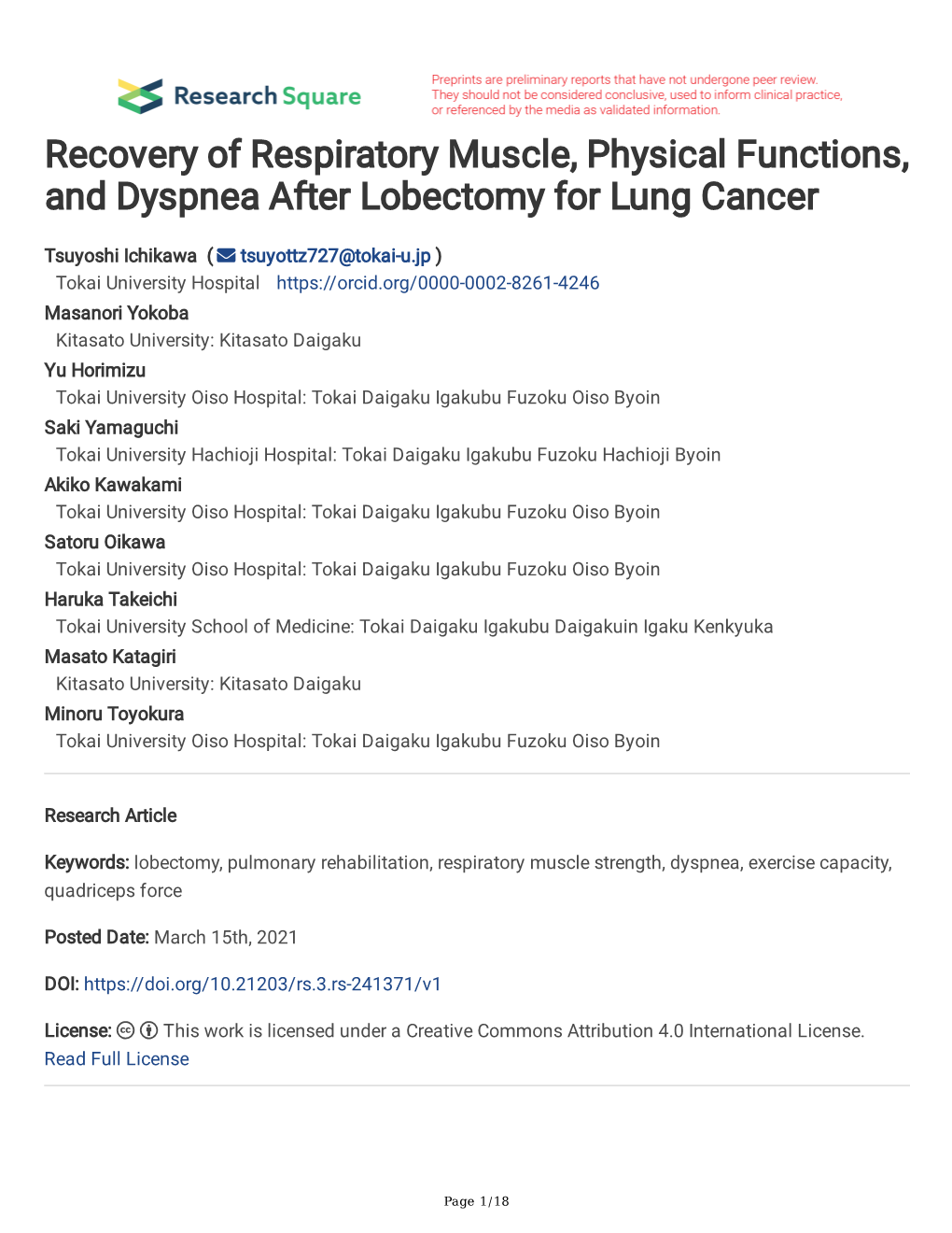 Recovery of Respiratory Muscle, Physical Functions, and Dyspnea After Lobectomy for Lung Cancer