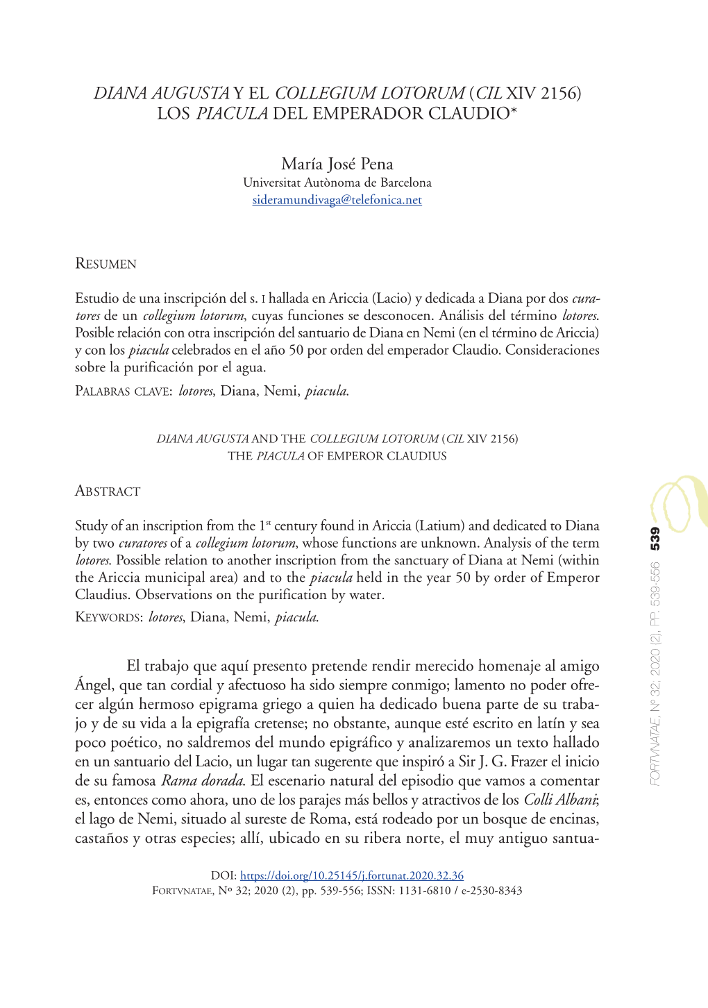 Diana Augusta Y El Collegium Lotorum (Cil Xiv 2156) Los Piacula Del Emperador Claudio*