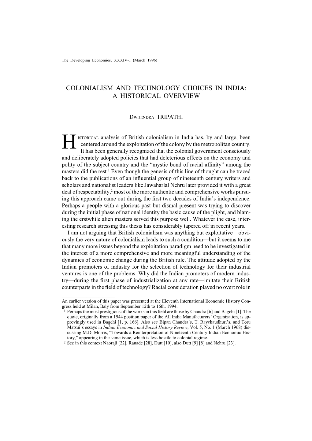 Colonialism and Technology Choices in India: a Historical Overview