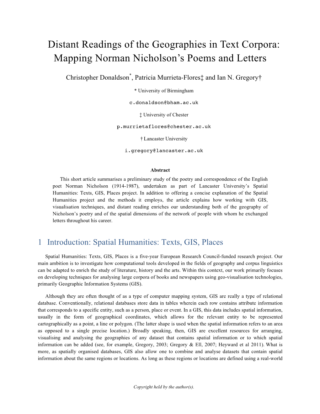 Distant Readings of the Geographies in Text Corpora: Mapping Norman Nicholson’S Poems and Letters