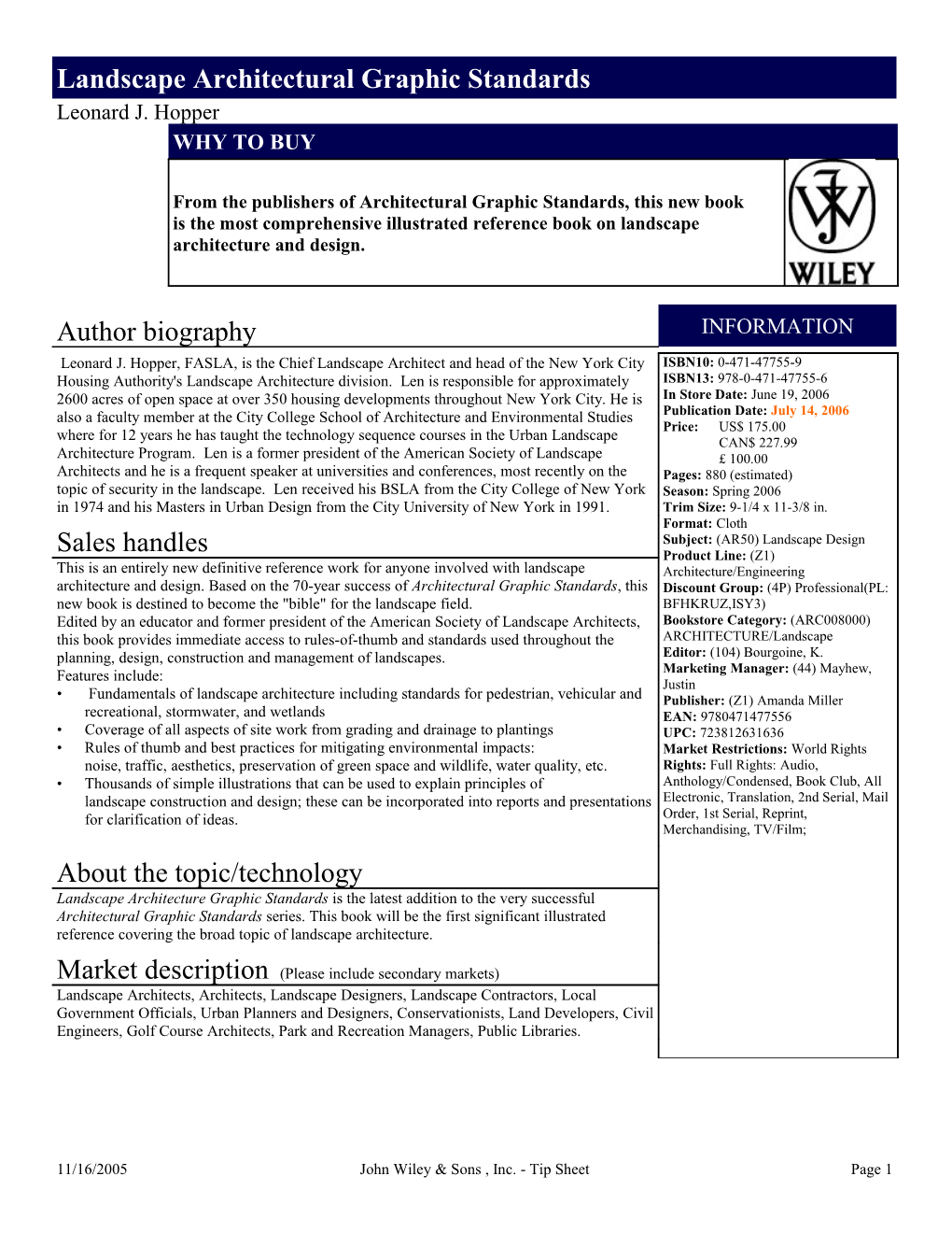 11/16/2005 John Wiley & Sons , Inc. - Tip Sheet Page 1