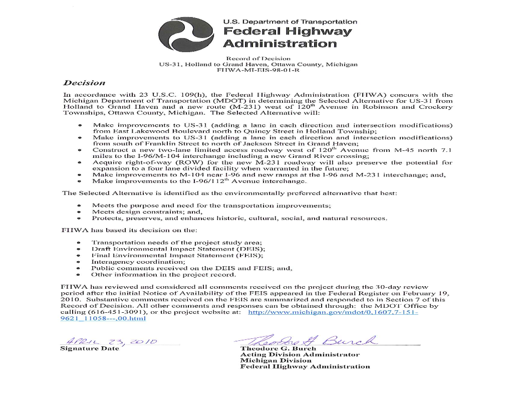 MDOT US-31 Holland to Grand Haven Record of Decision