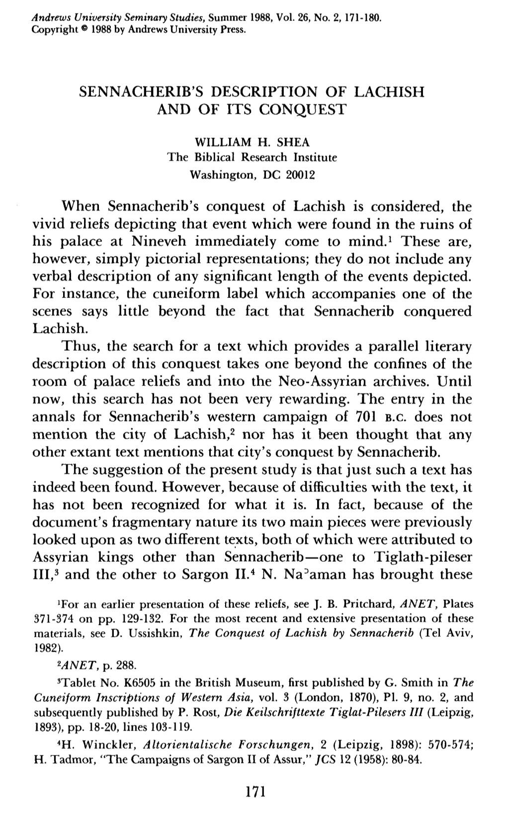 Sennacherib's Description of Lachish and of Its Conquest