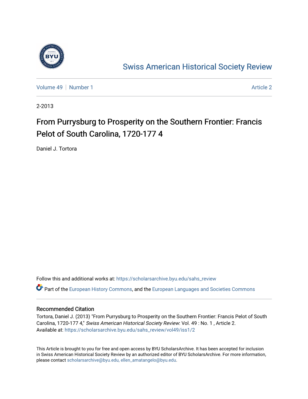 From Purrysburg to Prosperity on the Southern Frontier: Francis Pelot of South Carolina, 1720-177 4