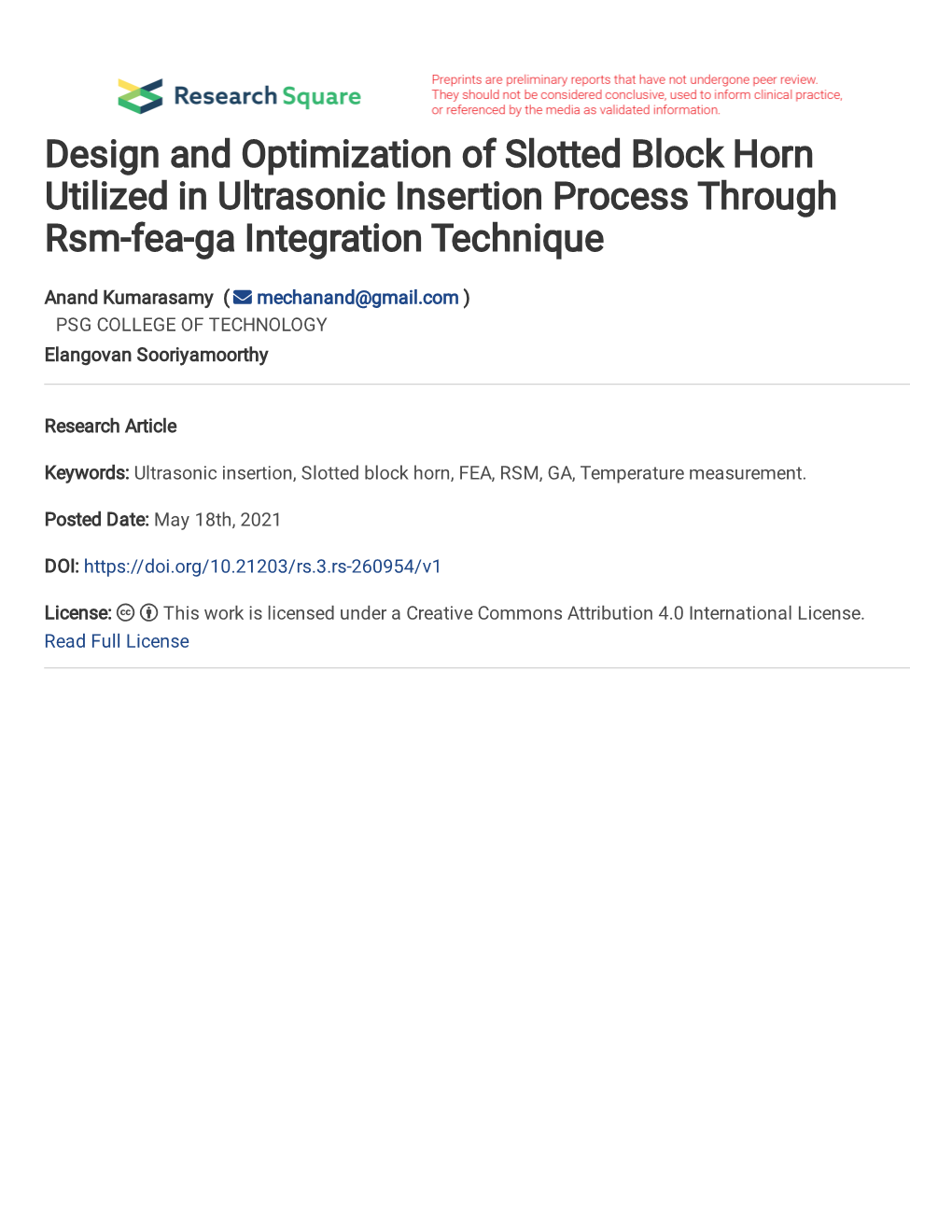 Design and Optimization of Slotted Block Horn Utilized in Ultrasonic Insertion Process Through Rsm-Fea-Ga Integration Technique