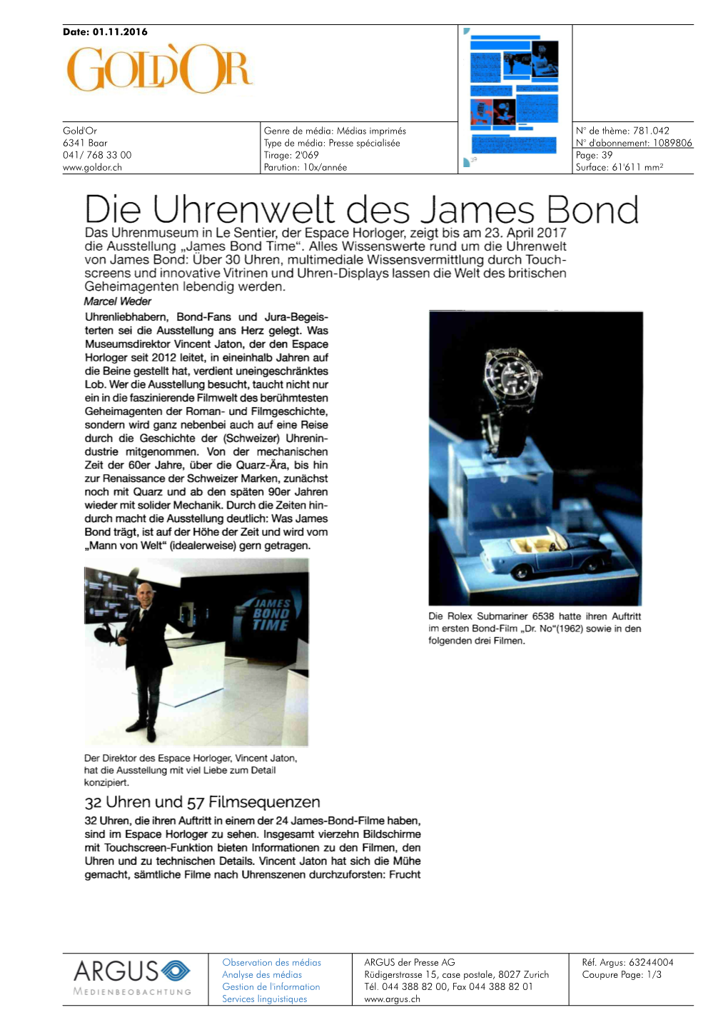 Die Uhrenwelt Des James Bond Das Uhrenmuseum in Le Sentier, Der Espace Horloger, Zeigt Bis Am 23