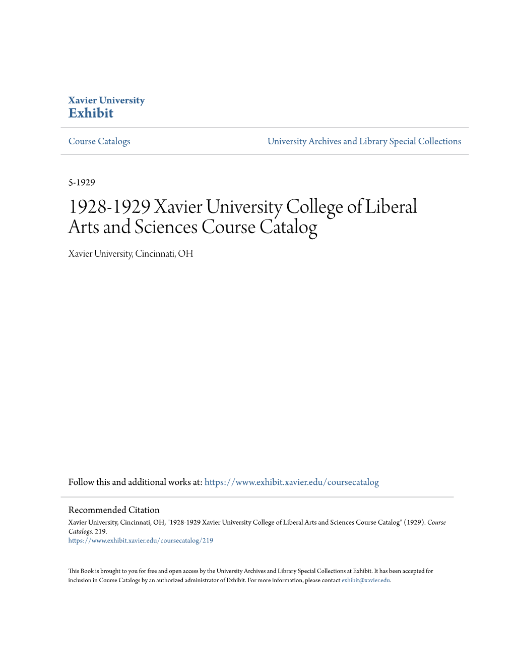 1928-1929 Xavier University College of Liberal Arts and Sciences Course Catalog Xavier University, Cincinnati, OH