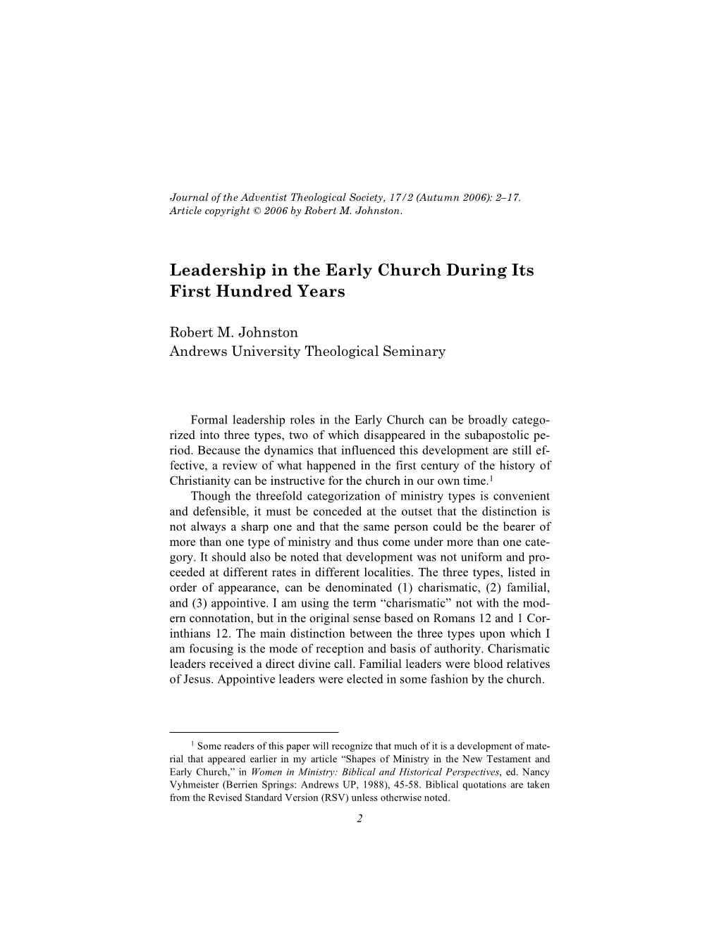 Leadership in the Early Church During Its First Hundred Years
