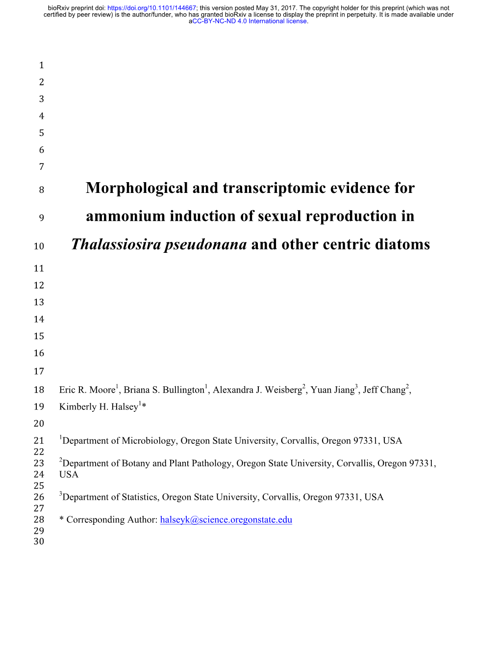 Morphological and Transcriptomic Evidence for Ammonium Induction of Sexual Reproduction in Thalassiosira Pseudonana and Other Ce