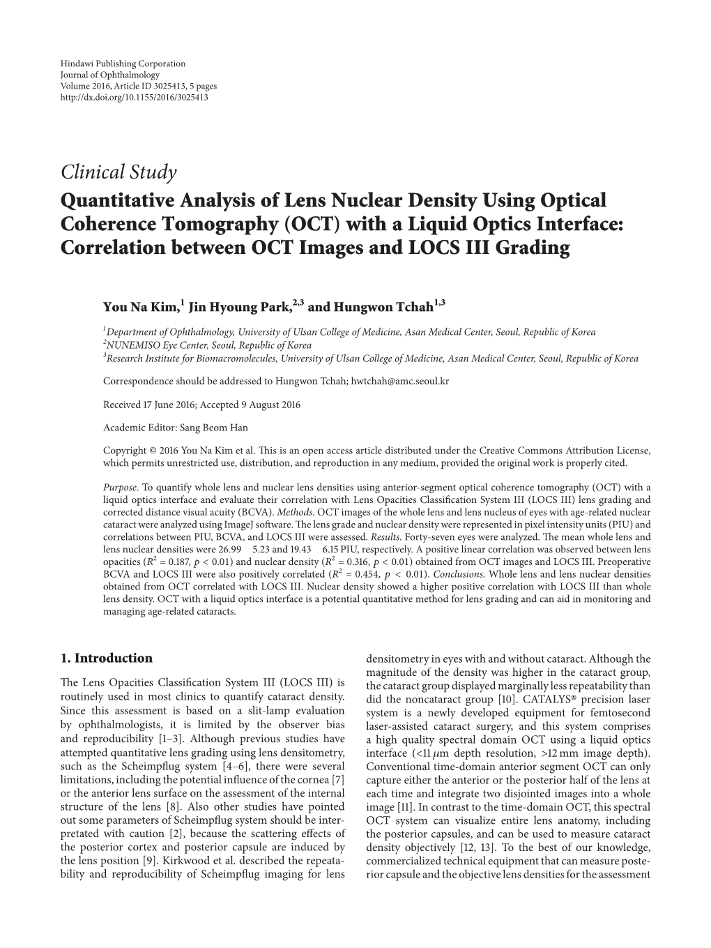 Clinical Study Quantitative Analysis of Lens Nuclear Density Using Optical Coherence Tomography