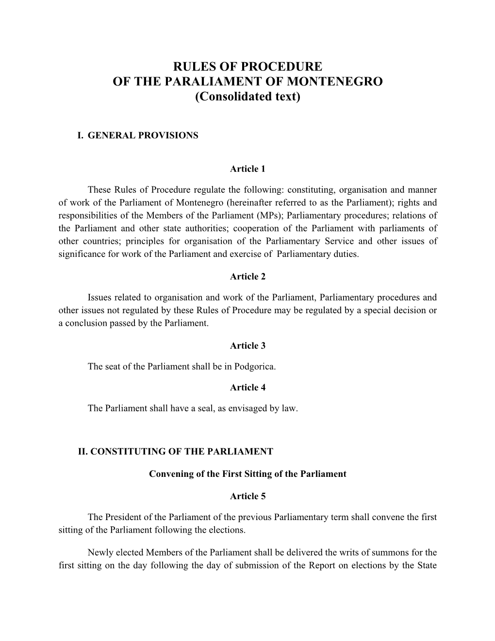 Rules of Procedure of the Parliament of Montenegro