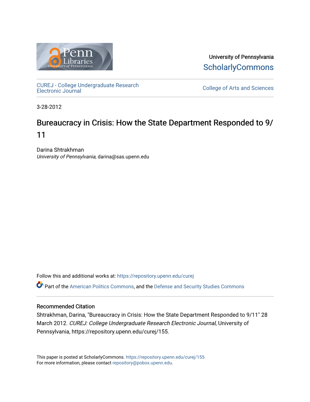 Bureaucracy in Crisis: How the State Department Responded to 9/ 11