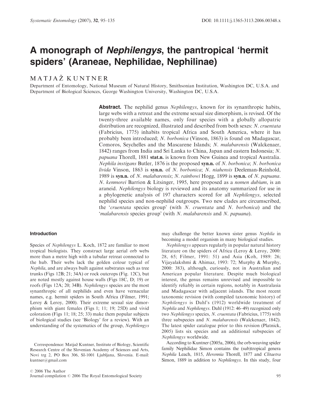 A Monograph of Nephilengys, the Pantropical 'Hermit Spiders