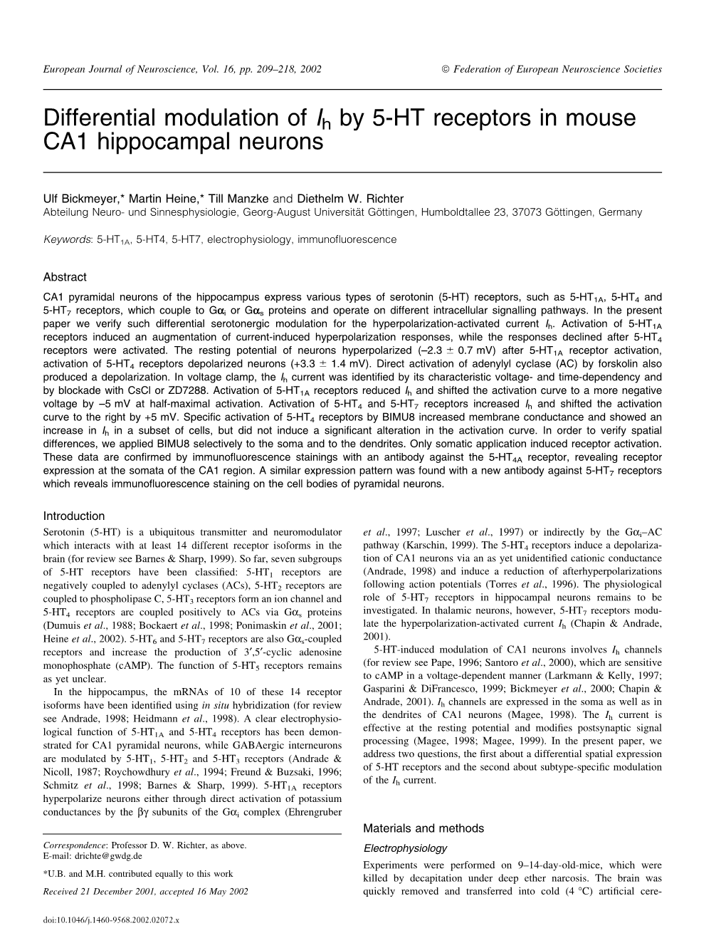 Differential Modulation of Ih by 5-HT Receptors in Mouse CA1 Hippocampal Neurons