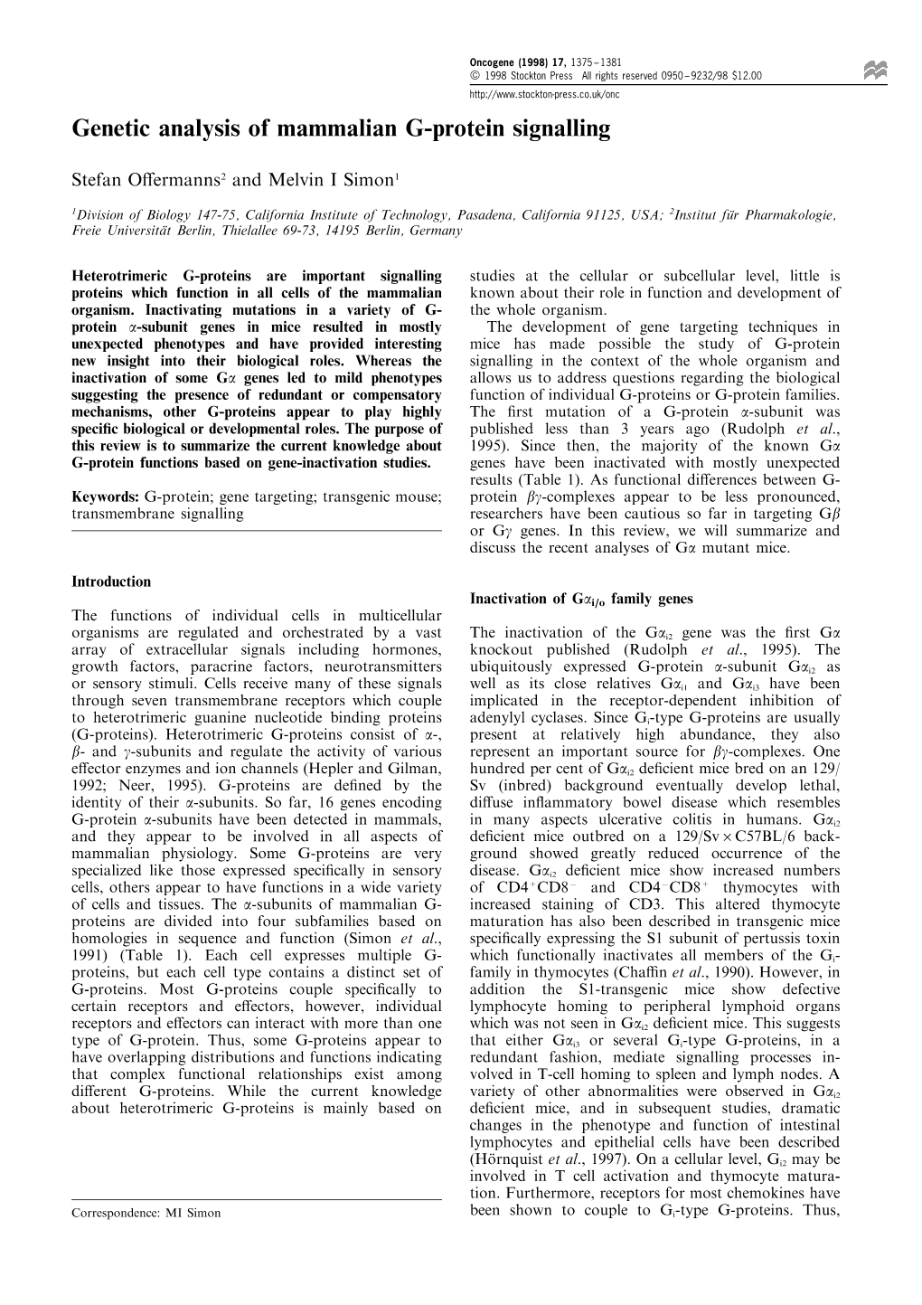 Genetic Analysis of Mammalian G-Protein Signalling