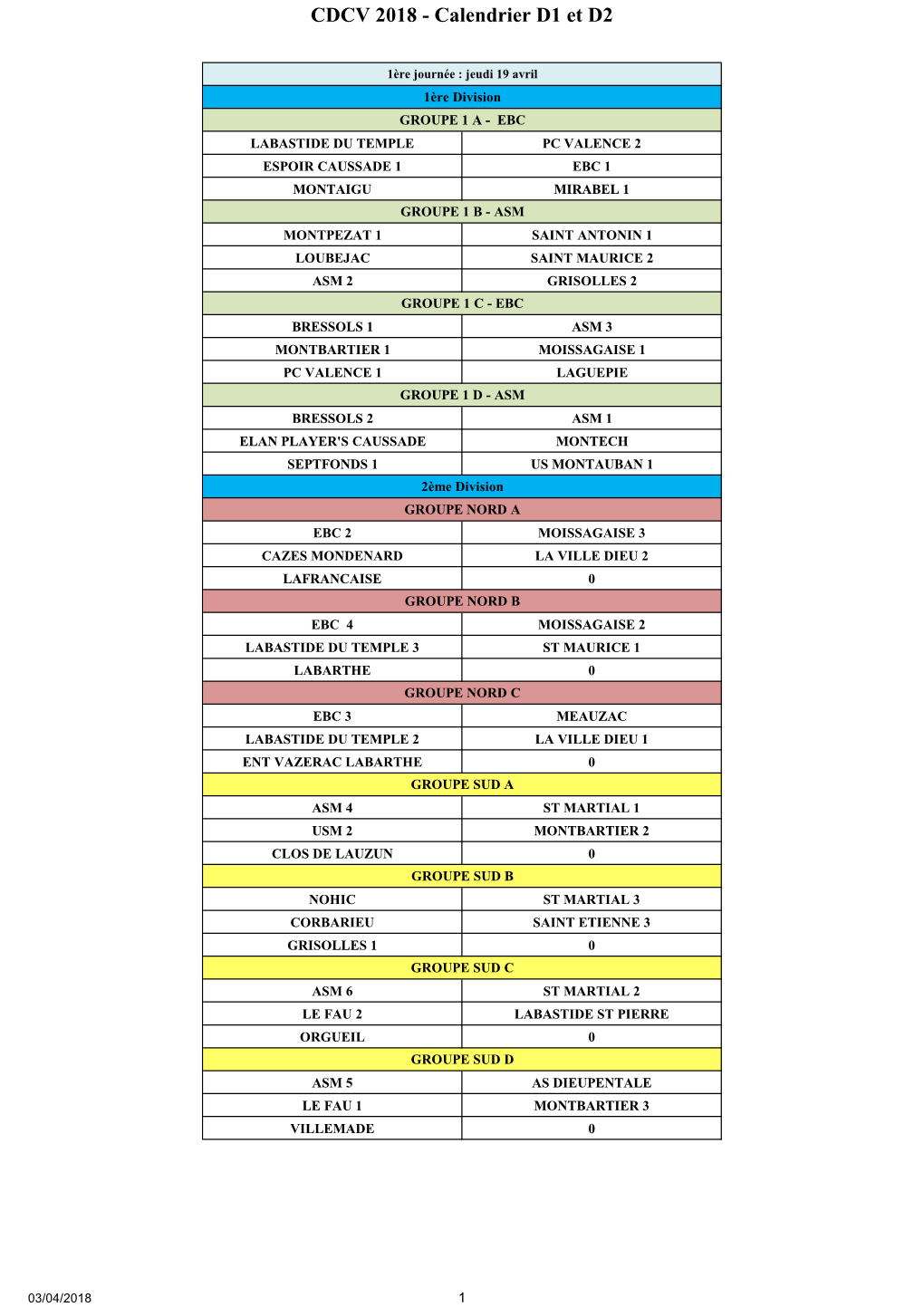 CDCV 2018 - Calendrier D1 Et D2