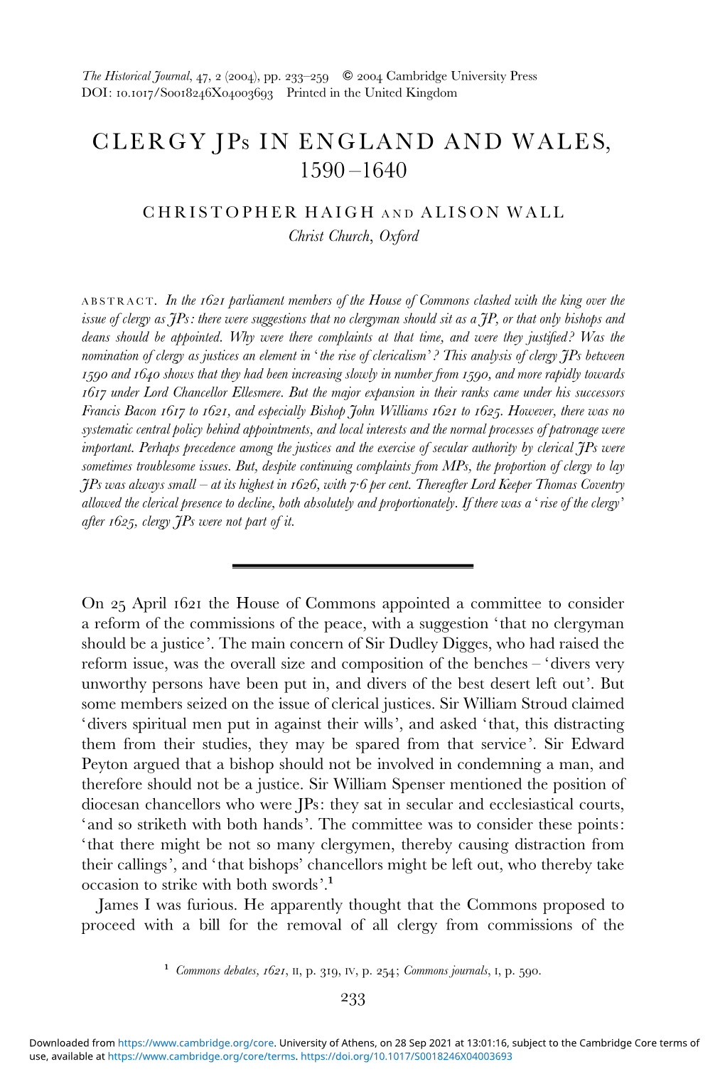 CLERGY Jps in ENGLAND and WALES, 1590&#8211;1640