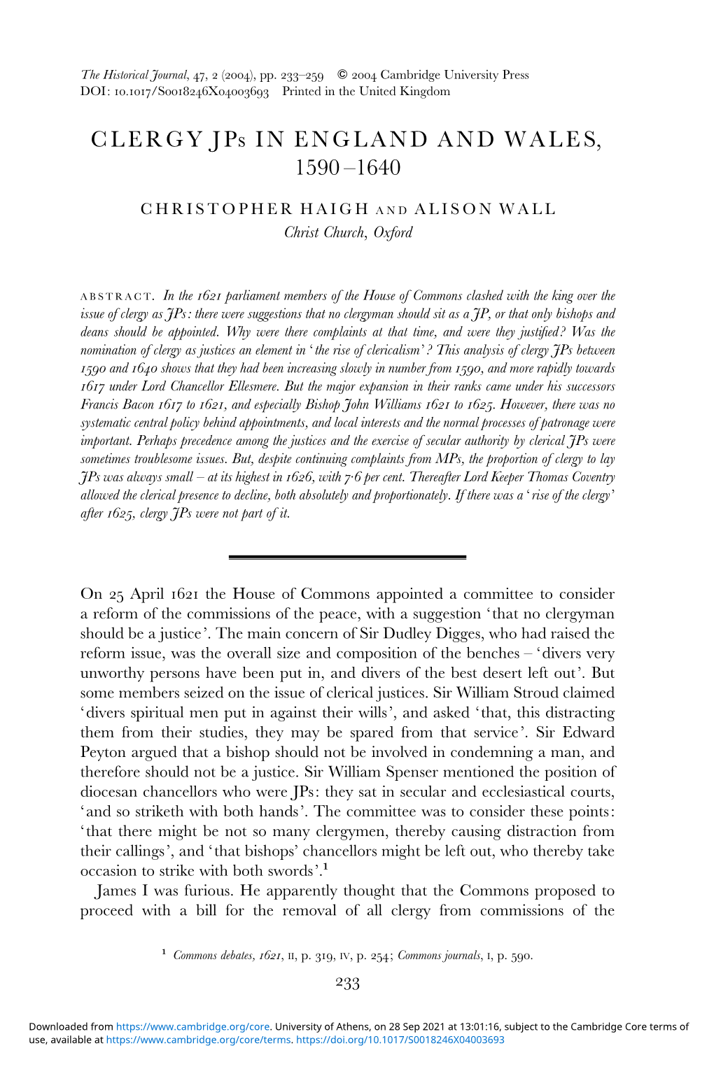 CLERGY Jps in ENGLAND and WALES, 1590–1640