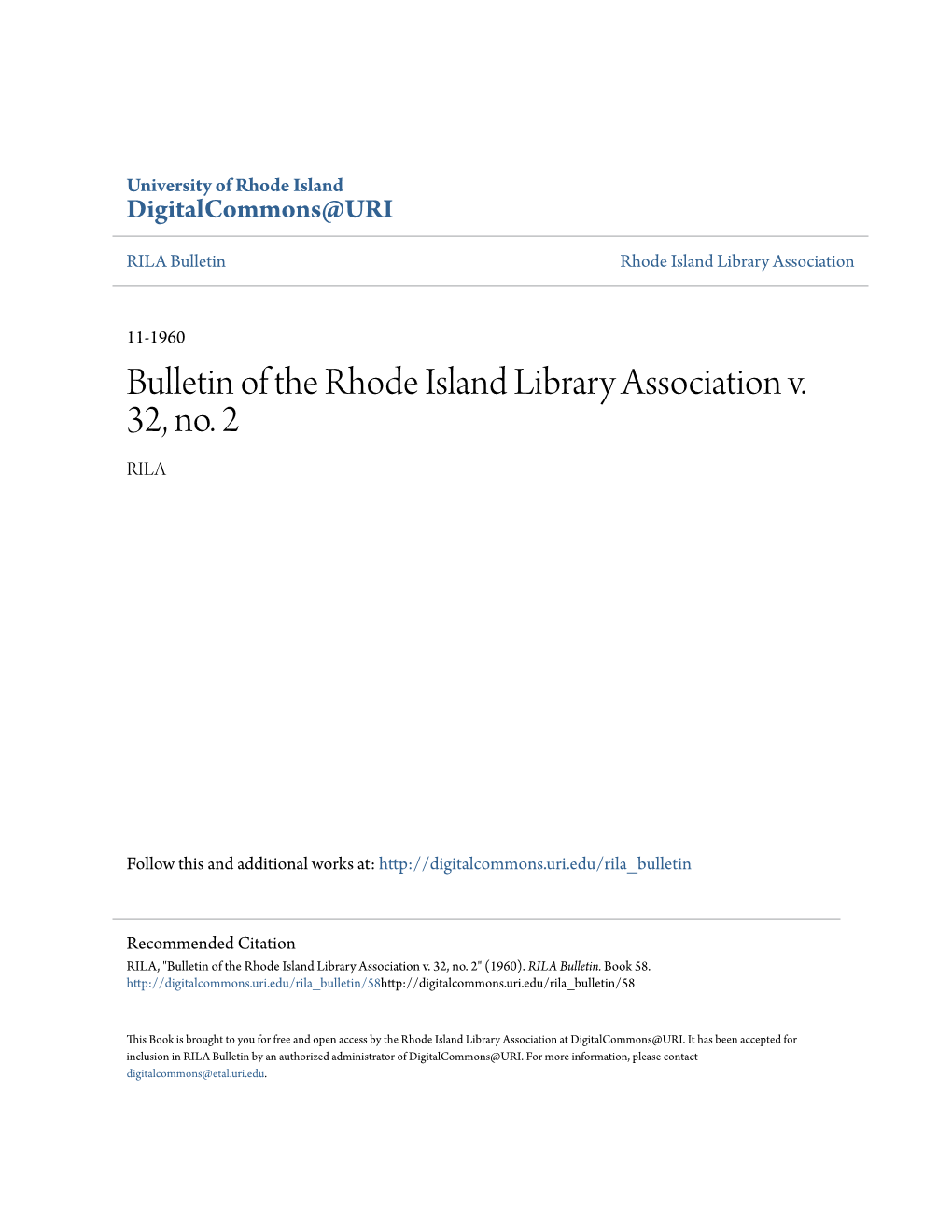 Bulletin of the Rhode Island Library Association V. 32, No. 2 RILA