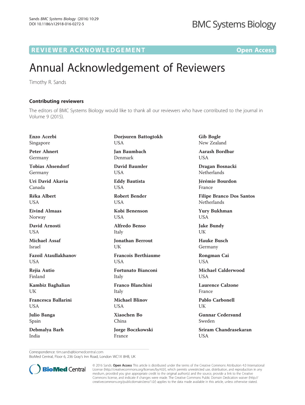 Annual Acknowledgement of Reviewers Timothy R