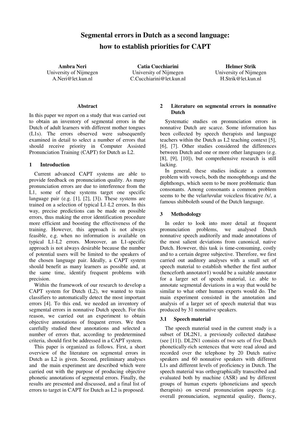 Segmental Errors in Dutch As a Second Language: How to Establish Priorities for CAPT