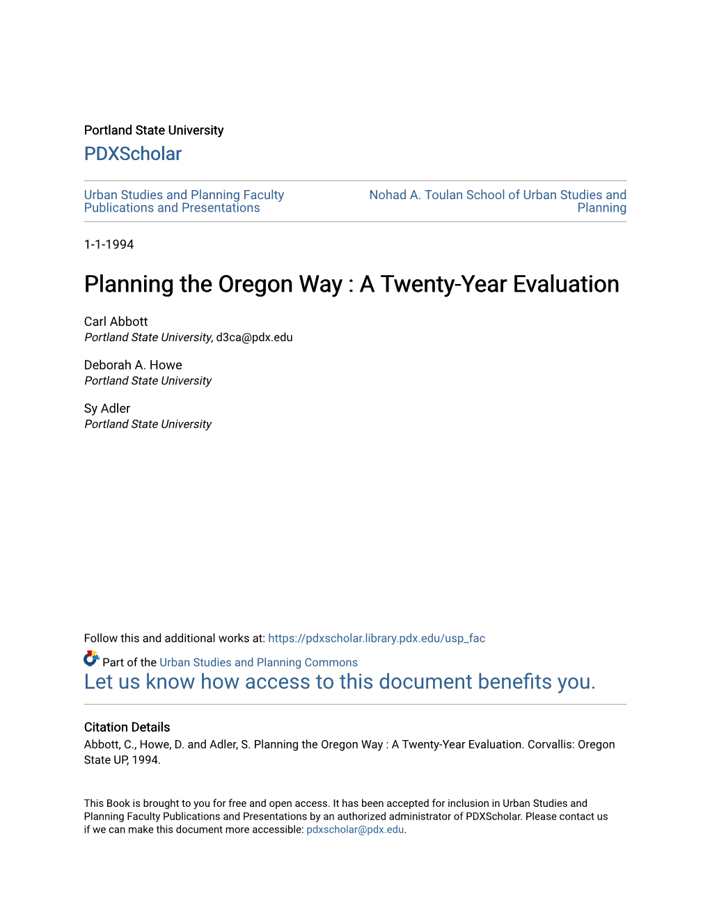 Planning the Oregon Way : a Twenty-Year Evaluation