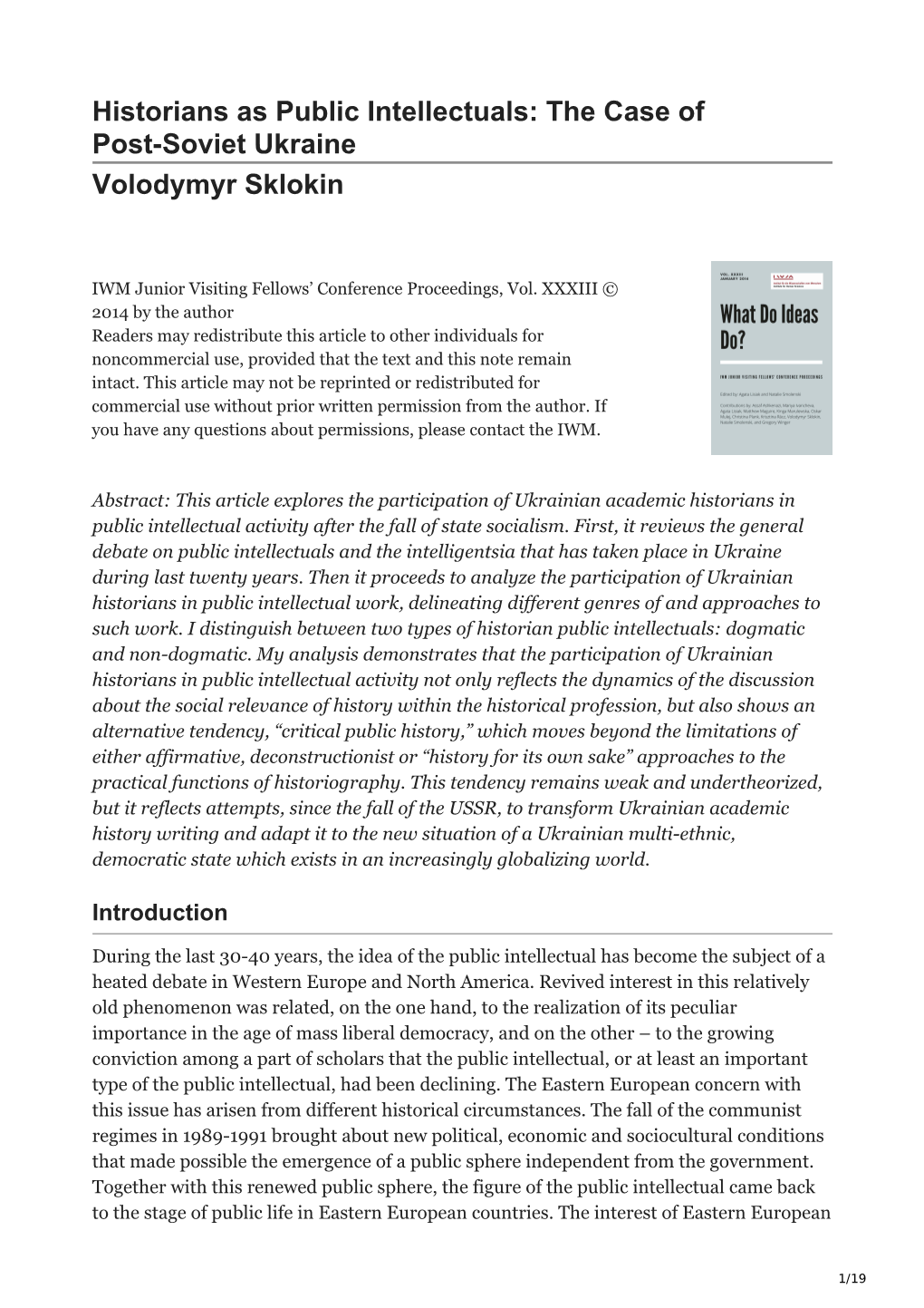 Historians As Public Intellectuals: the Case of Post-Soviet Ukraine Volodymyr Sklokin