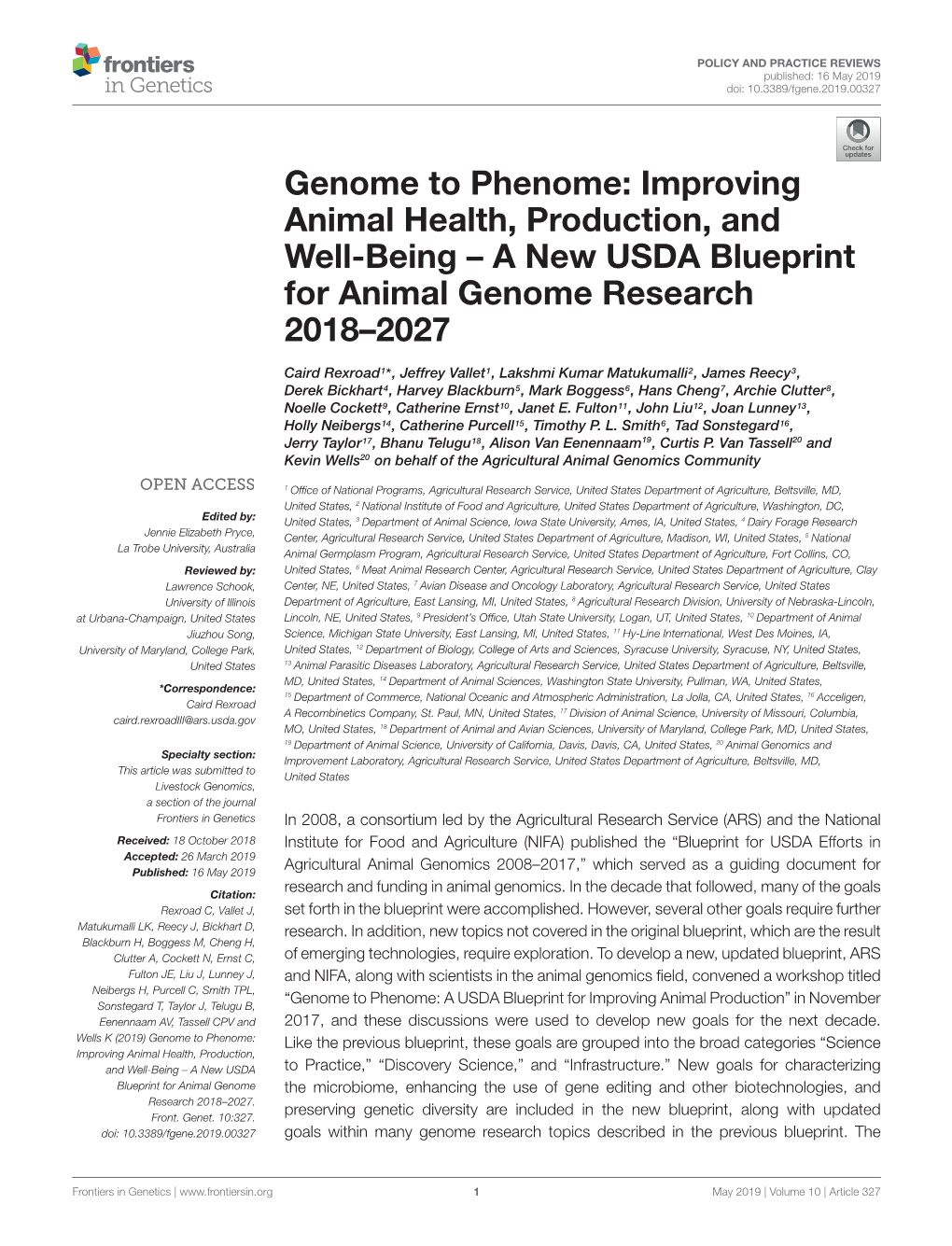 Genome to Phenome: Improving Animal Health, Production, and Well-Being – a New USDA Blueprint for Animal Genome Research 2018–2027