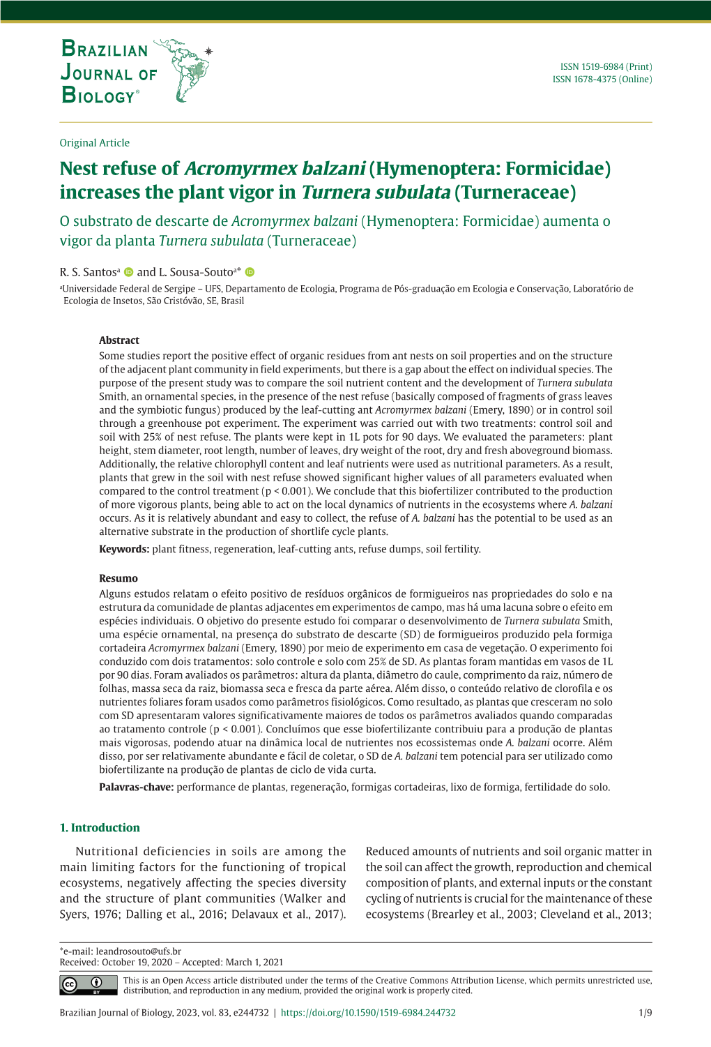 Nest Refuse of Acromyrmex Balzani (Hymenoptera: Formicidae) Increases the Plant Vigor in Turnera Subulata (Turneraceae)