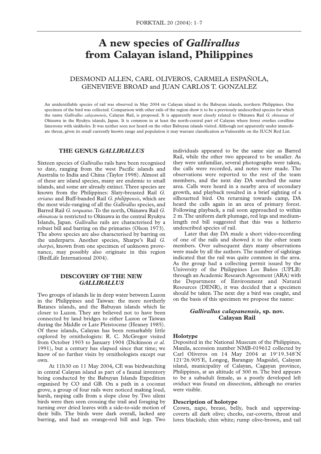 A New Species of Gallirallus from Calayan Island, Philippines