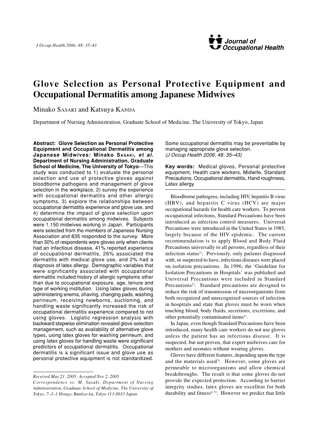 Glove Selection As Personal Protective Equipment and Occupational Dermatitis Among Japanese Midwives