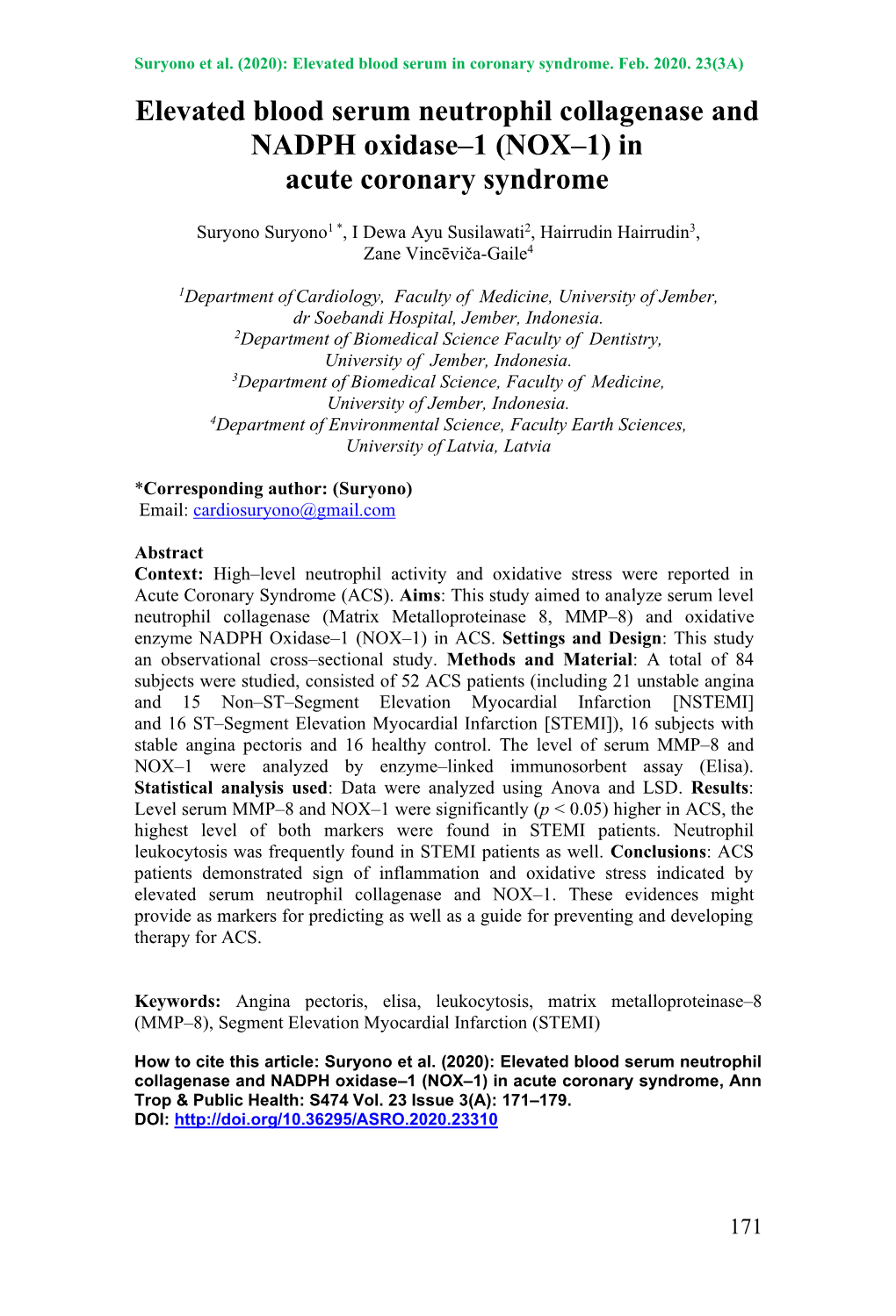 Elevated Blood Serum Neutrophil Collagenase and NADPH Oxidase–1 (NOX–1) in Acute Coronary Syndrome