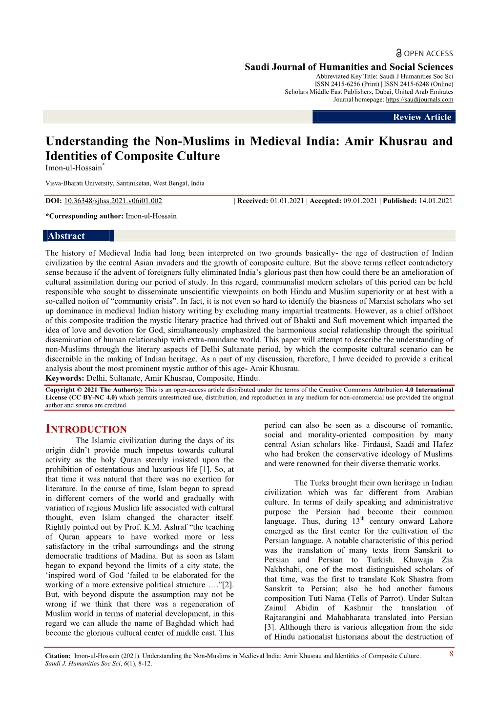 Understanding the Non-Muslims in Medieval India: Amir Khusrau and Identities of Composite Culture Imon-Ul-Hossain*