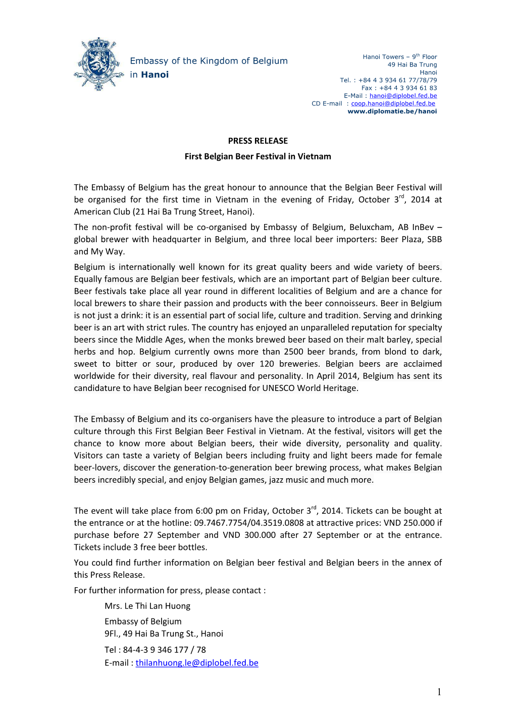 PRESS RELEASE First Belgian Beer Festival in Vietnam