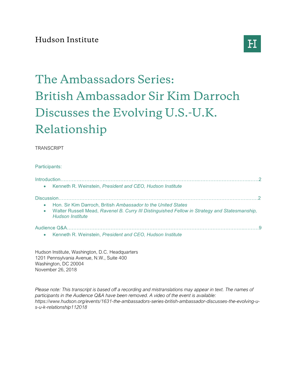 British Ambassador Sir Kim Darroch Discusses the Evolving US-UK