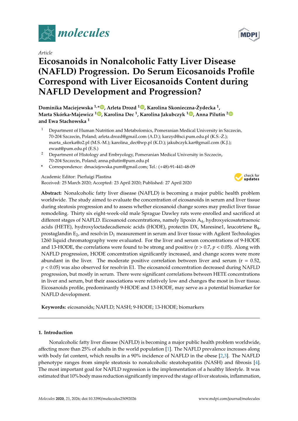 Eicosanoids in Nonalcoholic Fatty Liver Disease (NAFLD) Progression