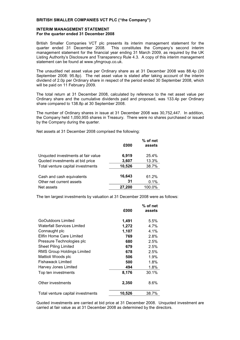 BRITISH SMALLER COMPANIES VCT PLC (“The Company”)