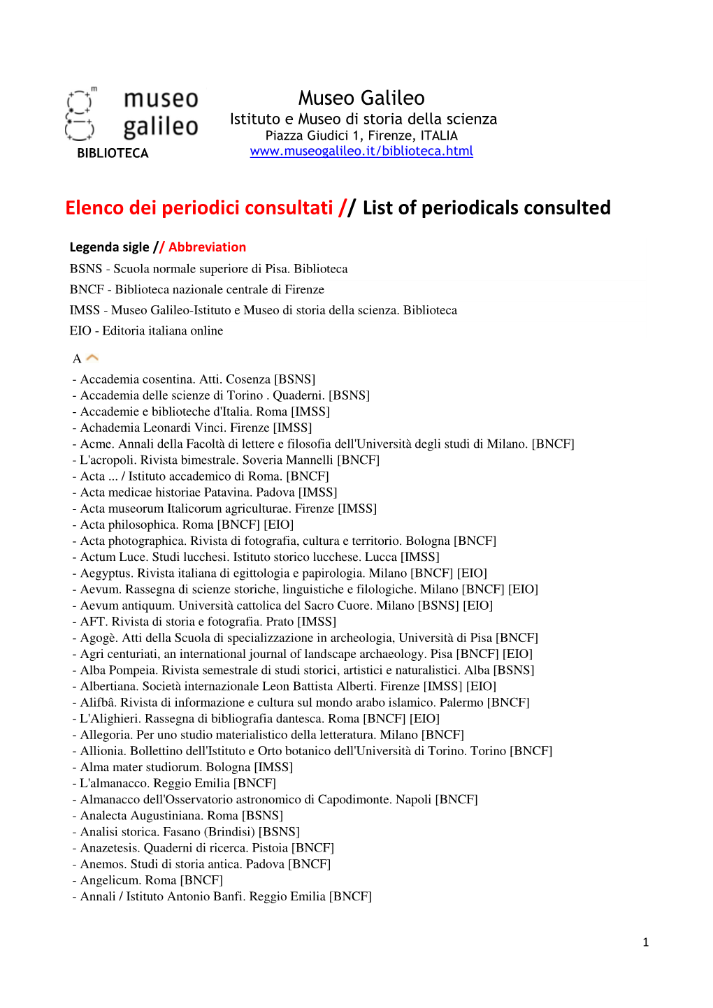 Periodici Consultati // List of Periodicals Consulted