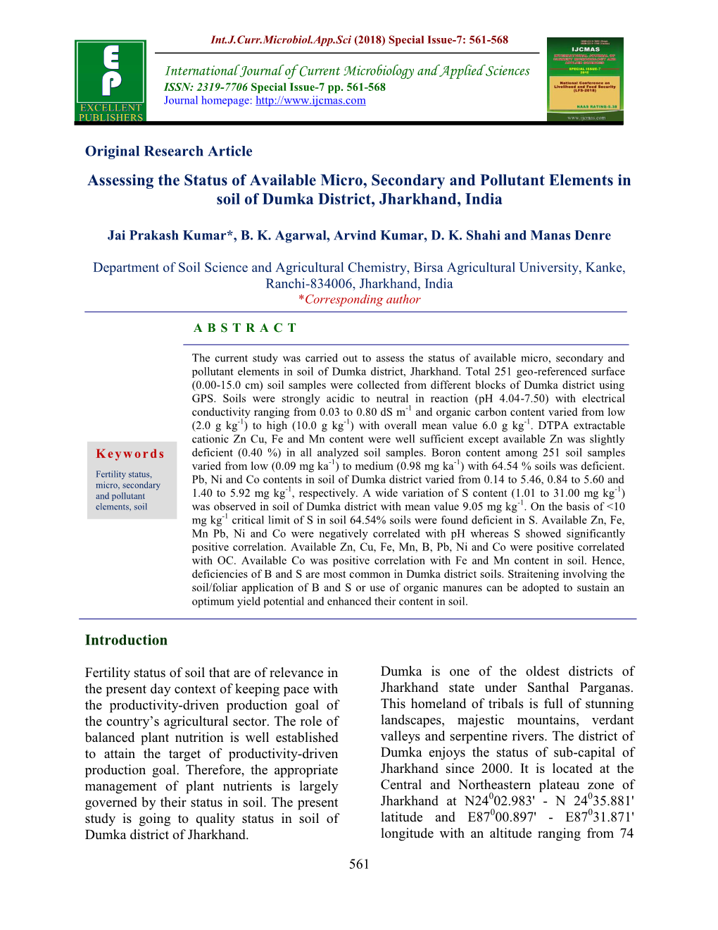 Assessing the Status of Available Micro, Secondary and Pollutant Elements in Soil of Dumka District, Jharkhand, India