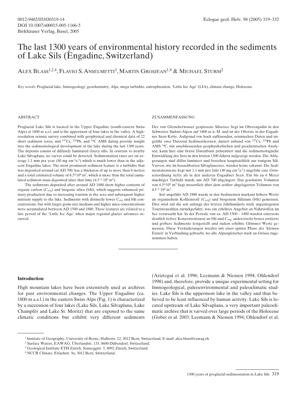 The Last 1300 Years of Environmental History Recorded in the Sediments of Lake Sils (Engadine, Switzerland)