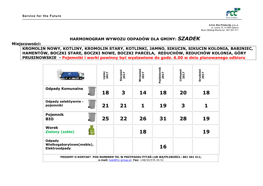 Harmonogram Wywozu Odpadów Dla Gminy: Szadek