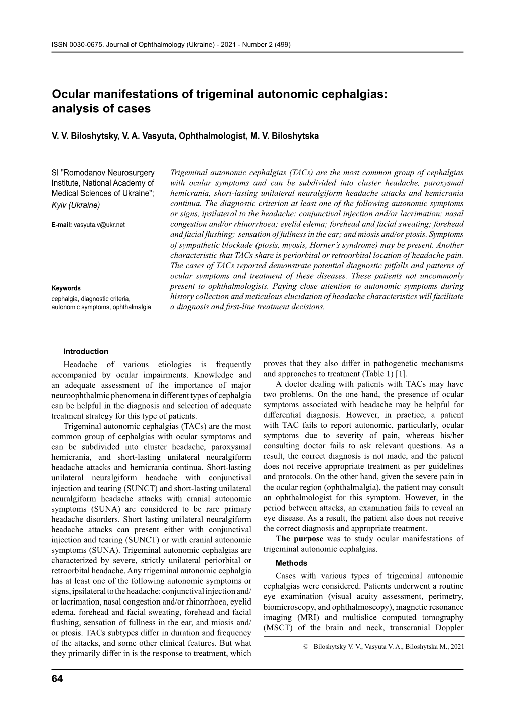 Ocular Manifestations of Trigeminal Autonomic Cephalgias: Analysis of Cases