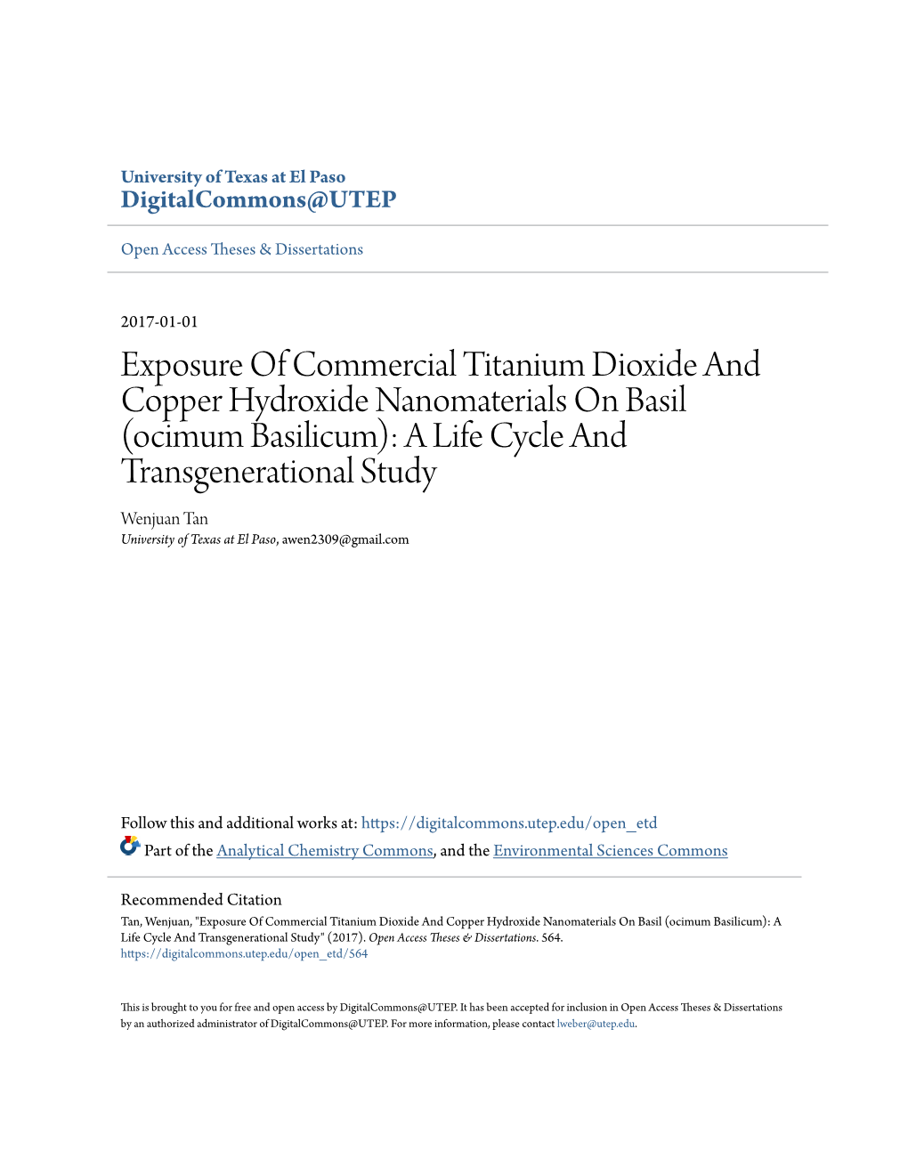 Ocimum Basilicum): a Life Cycle and Transgenerational Study Wenjuan Tan University of Texas at El Paso, Awen2309@Gmail.Com