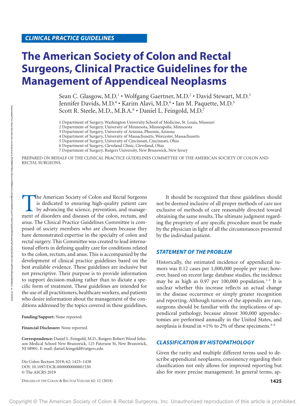 The American Society of Colon and Rectal Surgeons, Clinical Practice Guidelines for the Management of Appendiceal Neoplasms