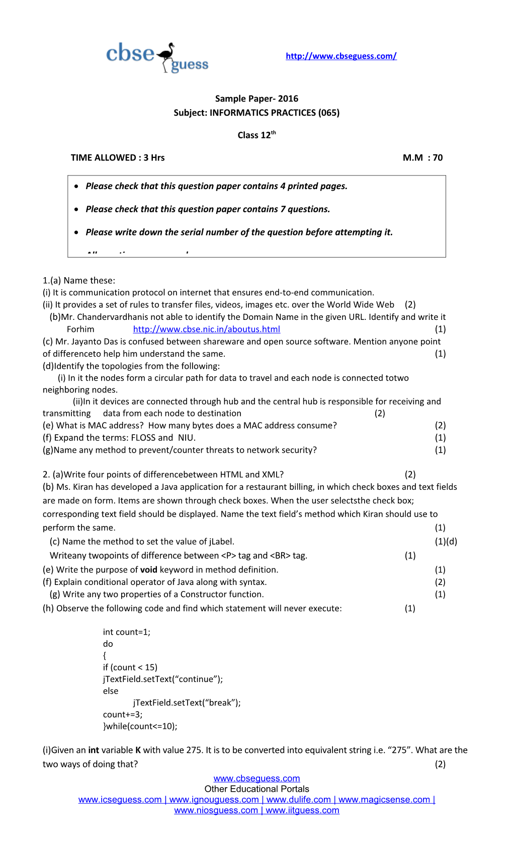 Sample Paper- 2016 Subject: INFORMATICS PRACTICES (065)