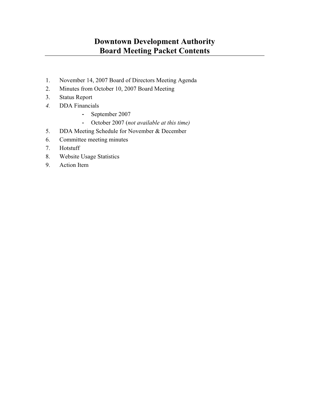 Downtown Development Authority Board Meeting Packet Contents