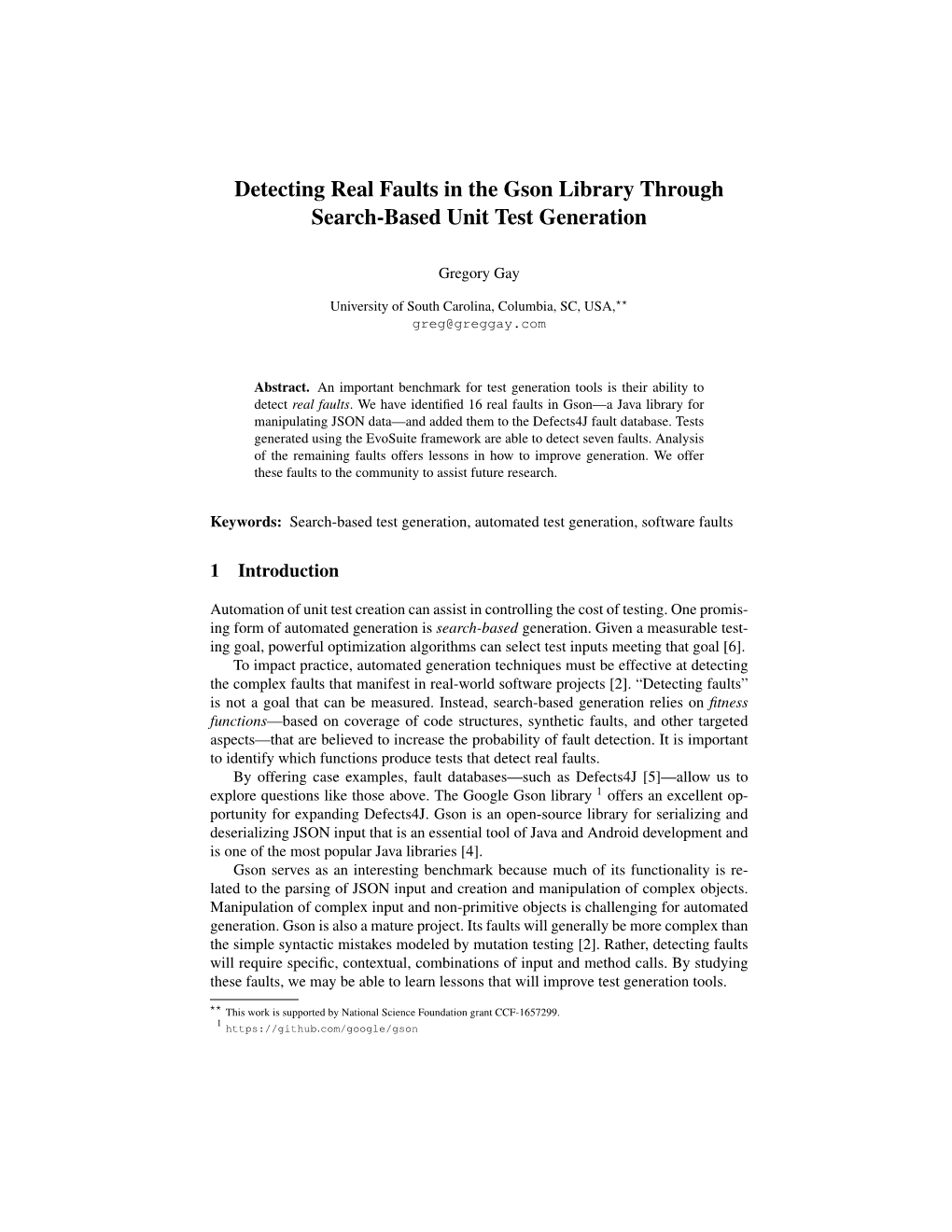 Detecting Real Faults in the Gson Library Through Search-Based Unit Test Generation