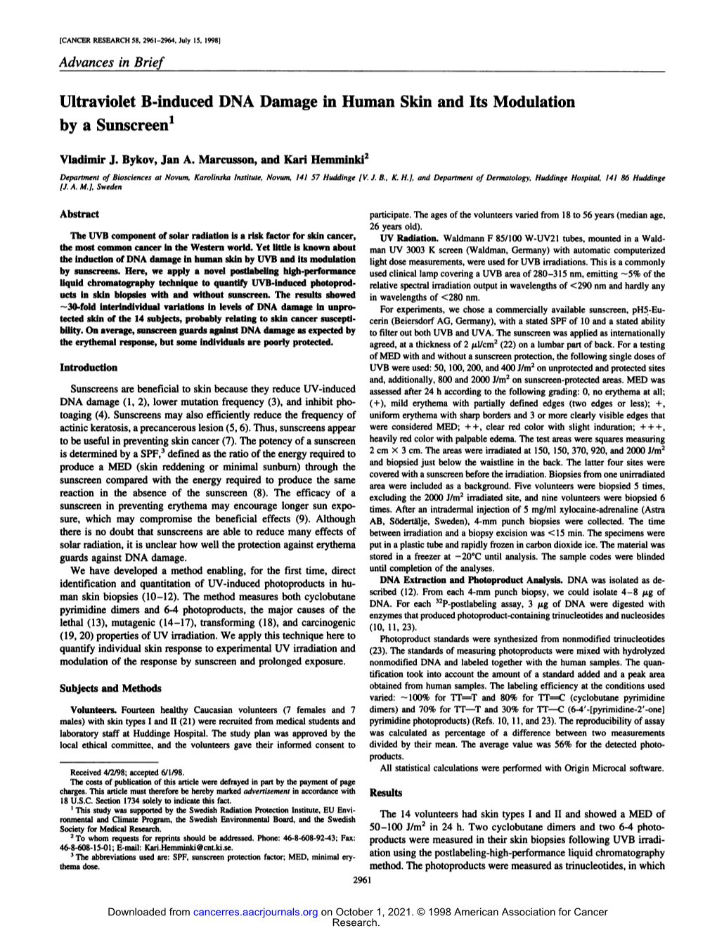 Ultraviolet B-Induced DNA Damage in Human Skin and Its Modulation by a ...